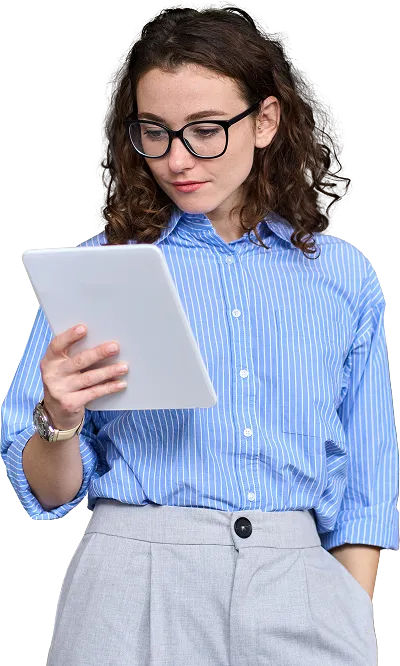 woman with glasses holding tablet